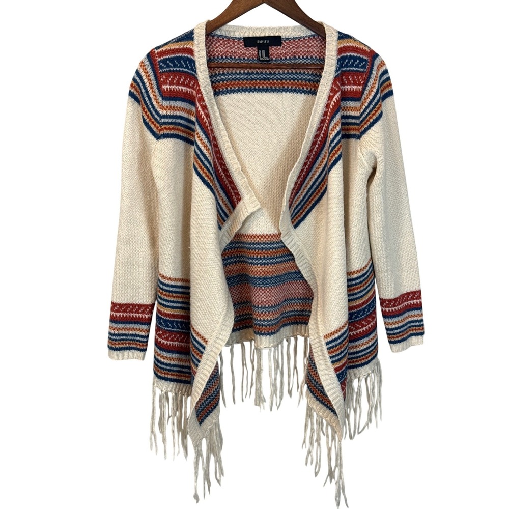 Forever‎ 21 Striped Boho Fringe Open Front Cozy southwest Sweater size S/M